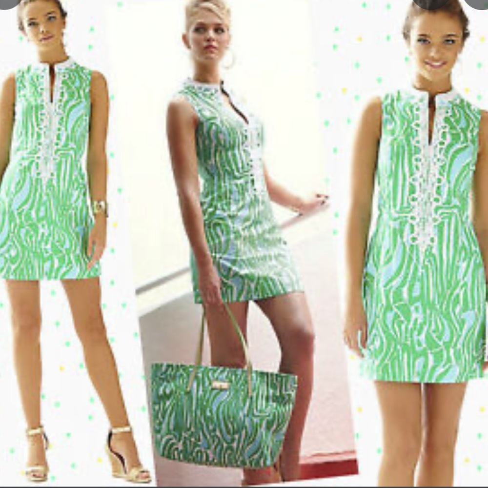 Lilly Pulitzer Alexa zip front shift dress white blue green 00